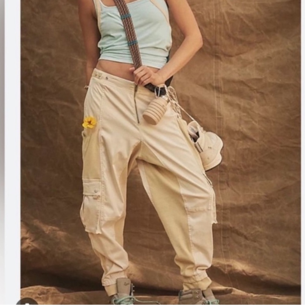 New Free People Fast Track Cargo Utility Pants Baggy Slouch FP Movement Cream